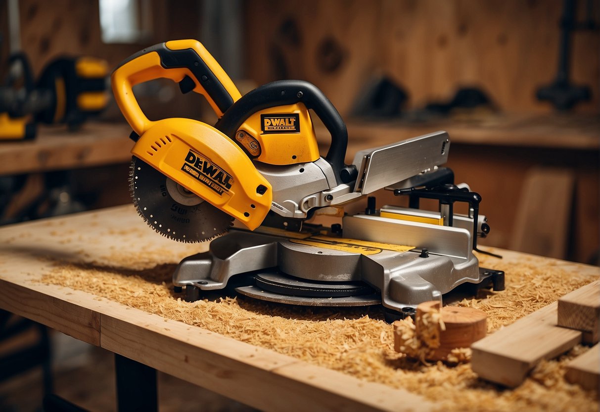A Dewalt and Ridgid miter saw sit side by side on a workbench, surrounded by sawdust and wood shavings. The tools are positioned at an angle, ready for use