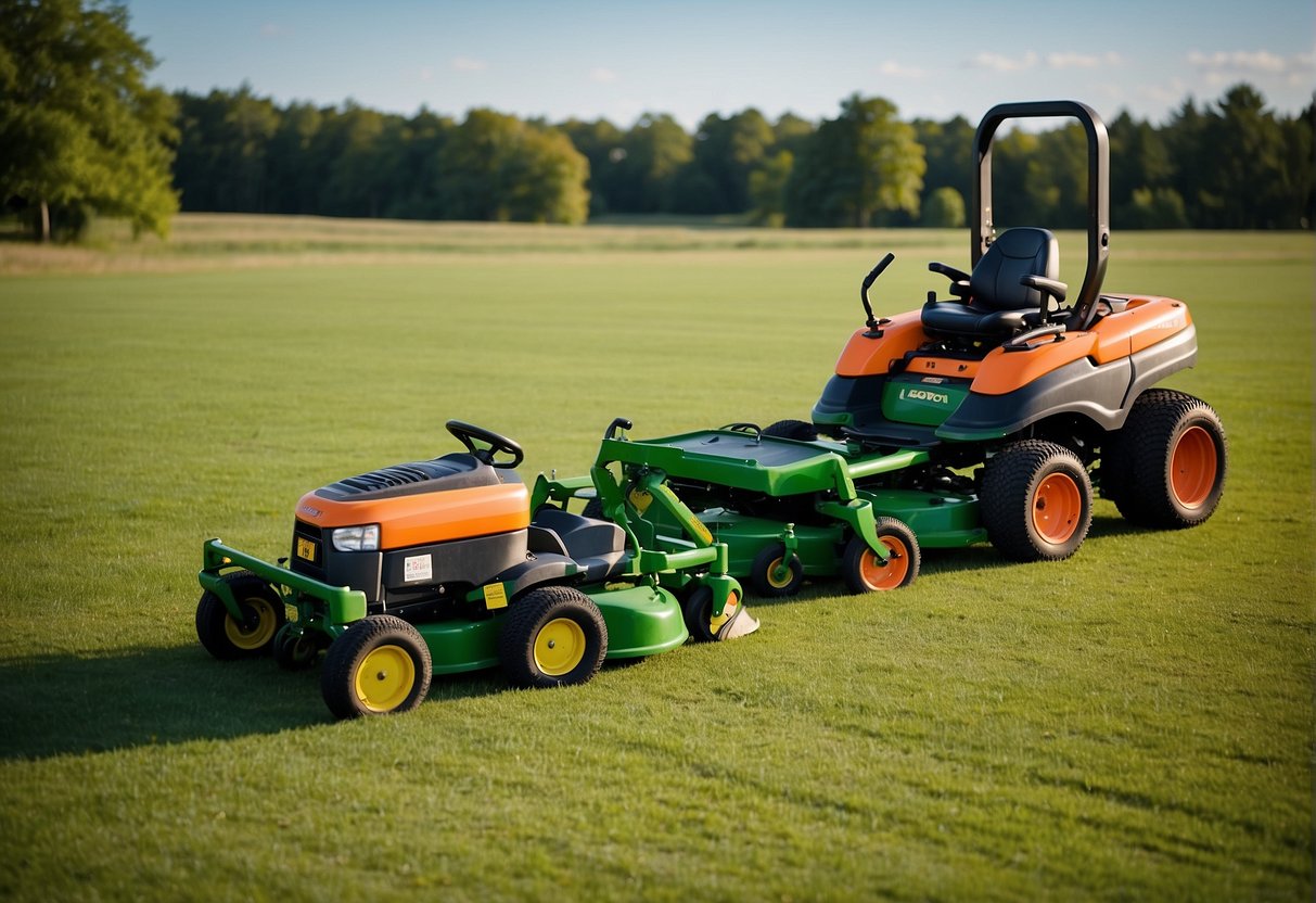 Two zero turn mowers, one Kubota and one John Deere, facing each other on a grassy field