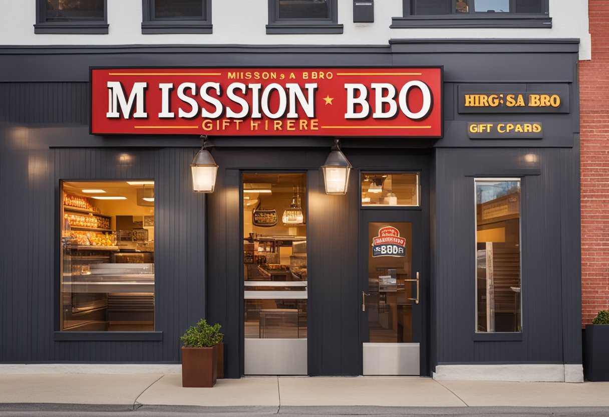 A brightly lit store front with a large sign reading "Mission BBQ Gift Cards Available Here" displayed prominently