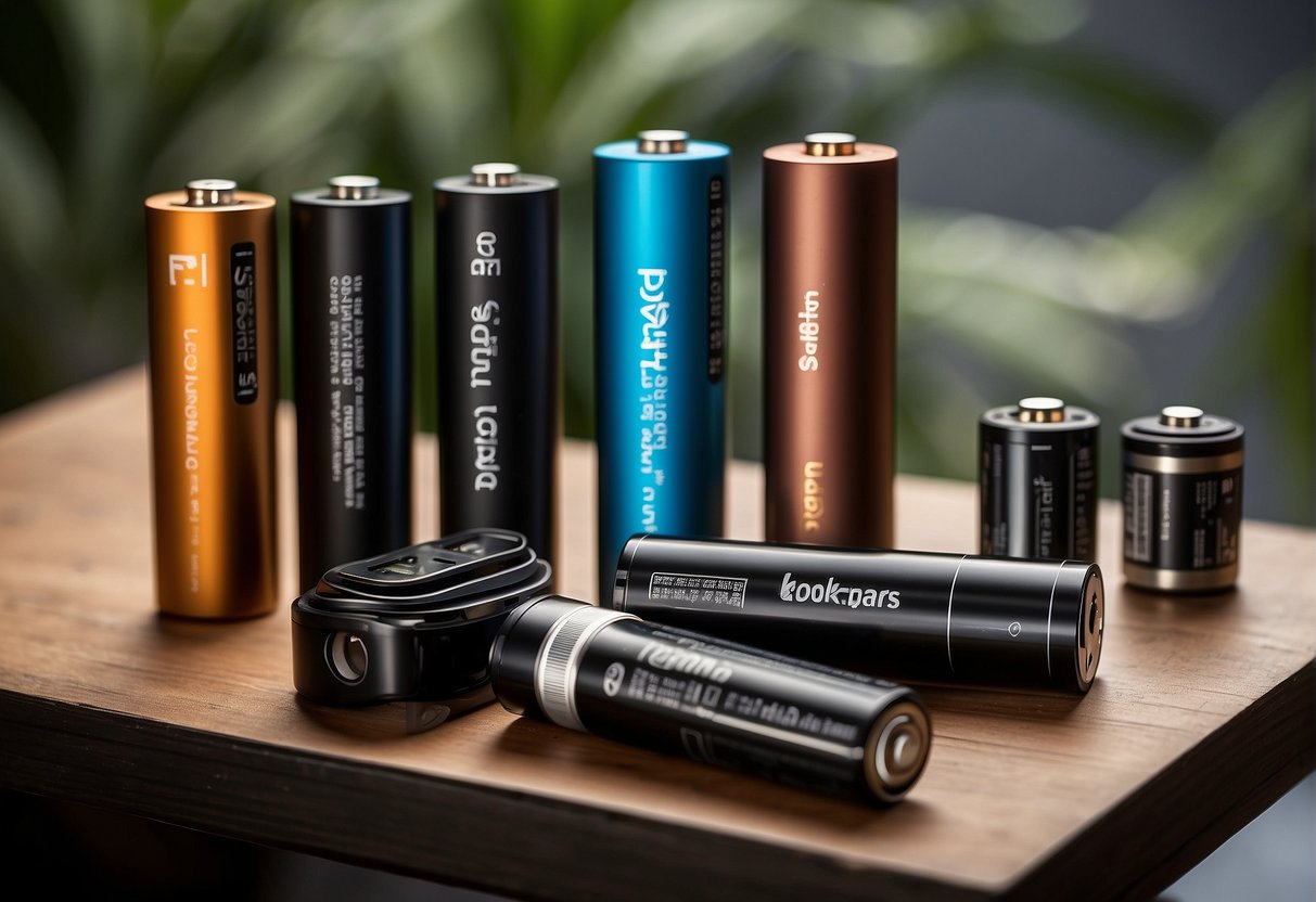 Various electronic devices and batteries, such as flashlights, vapes, and power banks, are displayed side by side. The 18350 and 18650 batteries are highlighted, with their sizes and specifications clearly visible