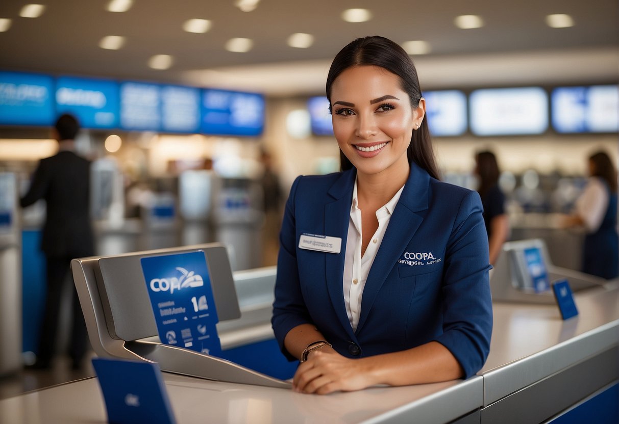 A bright and modern airline customer service desk with a friendly representative assisting passengers. The Copa Airlines logo prominently displayed