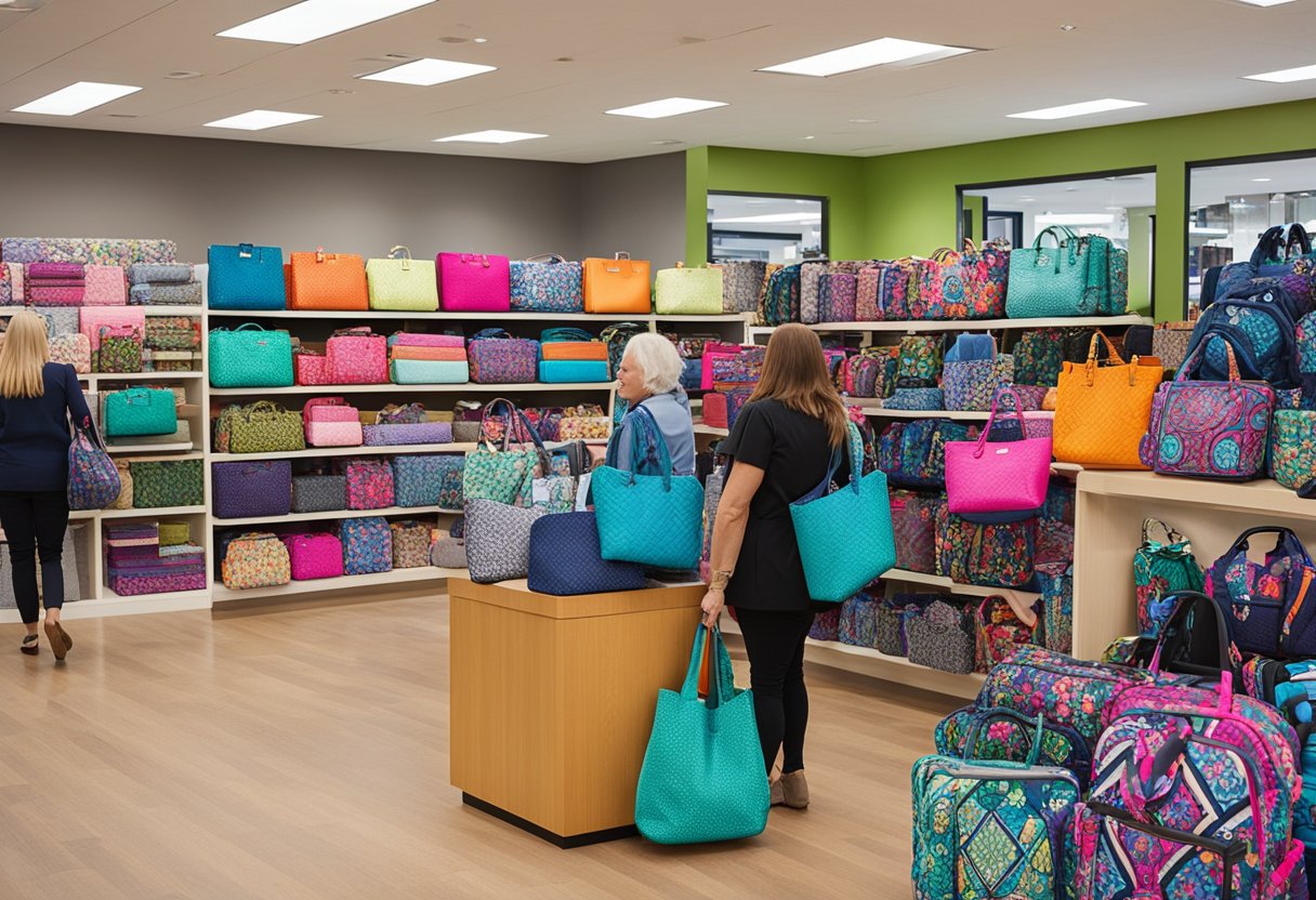 Colorful Vera Bradley bags fill the shelves of a busy retail store, with customers browsing and a friendly sales associate assisting