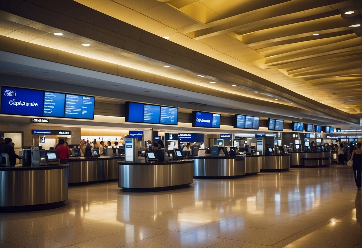 A bustling airport terminal with visible Copa Airlines contact information kiosks and signage, showcasing the importance of public access to contact information