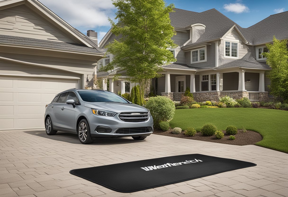 A car parked in a driveway with a Weathertech floor mat displayed prominently on the driver's side. A sign in the yard reads "Weathertech Dealer."