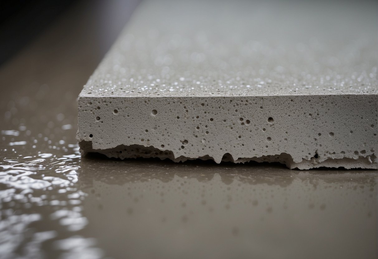 A concrete surface is shown with half sealed and half unsealed. The sealed side has a glossy finish, while the unsealed side appears dull and porous