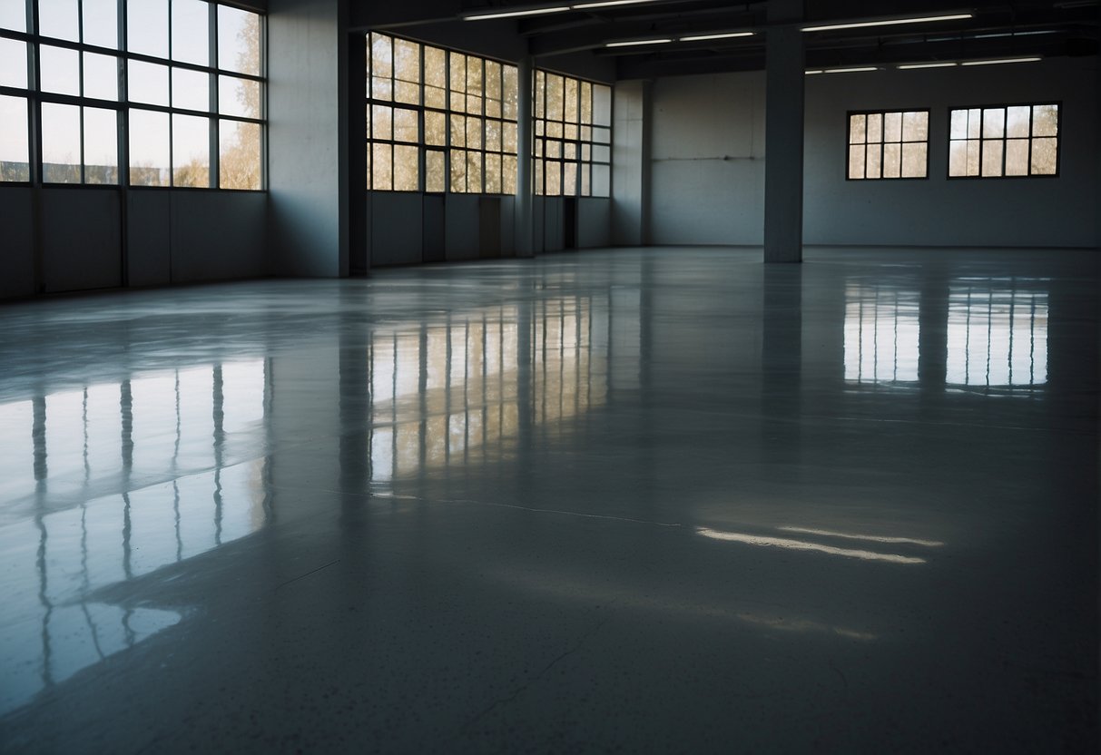 A sealed concrete floor with a glossy finish contrasts with an unsealed section, showing a difference in texture and shine