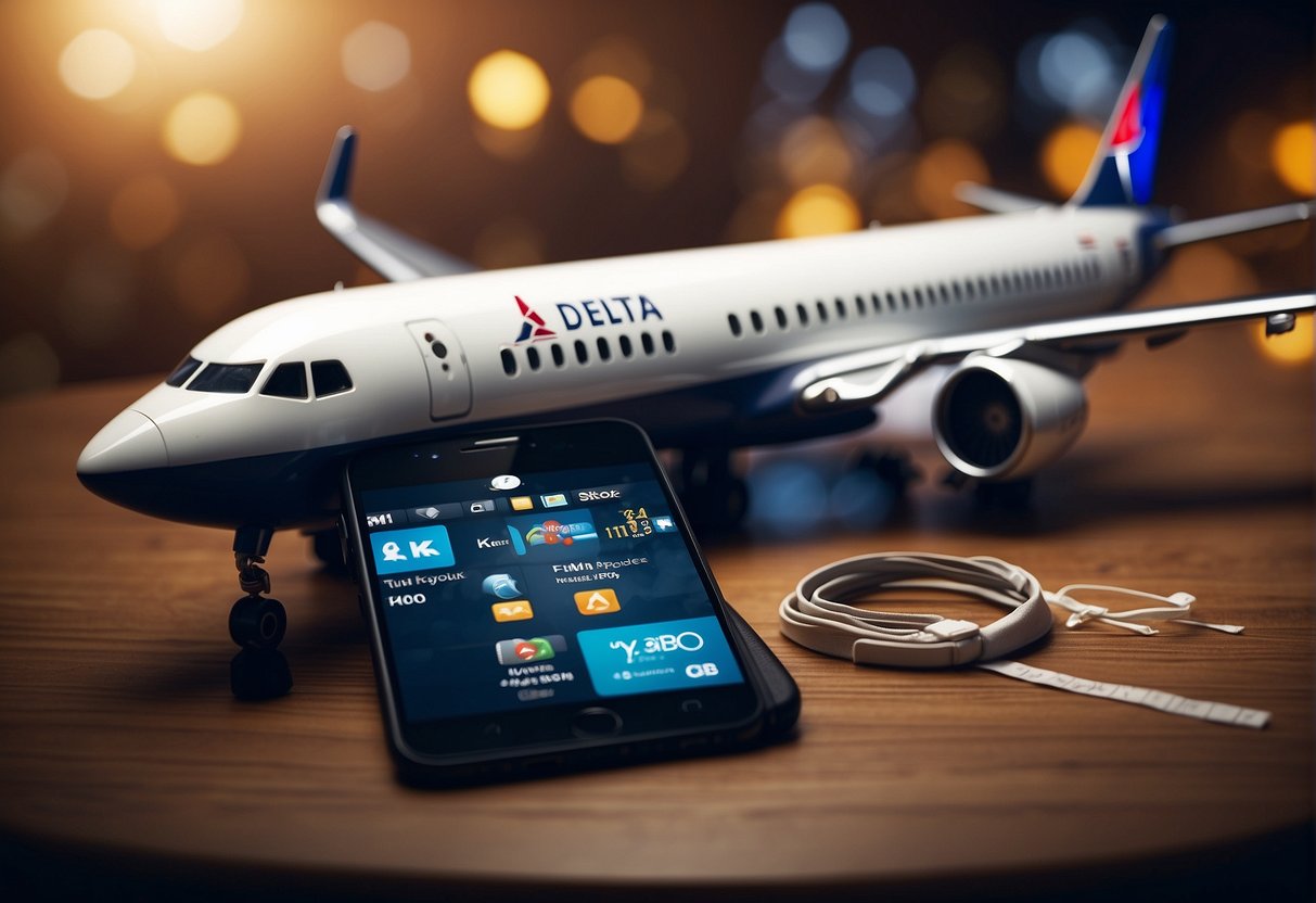 A Delta Air Lines logo displayed prominently with a customer service phone number and email address, surrounded by travel-related icons and symbols