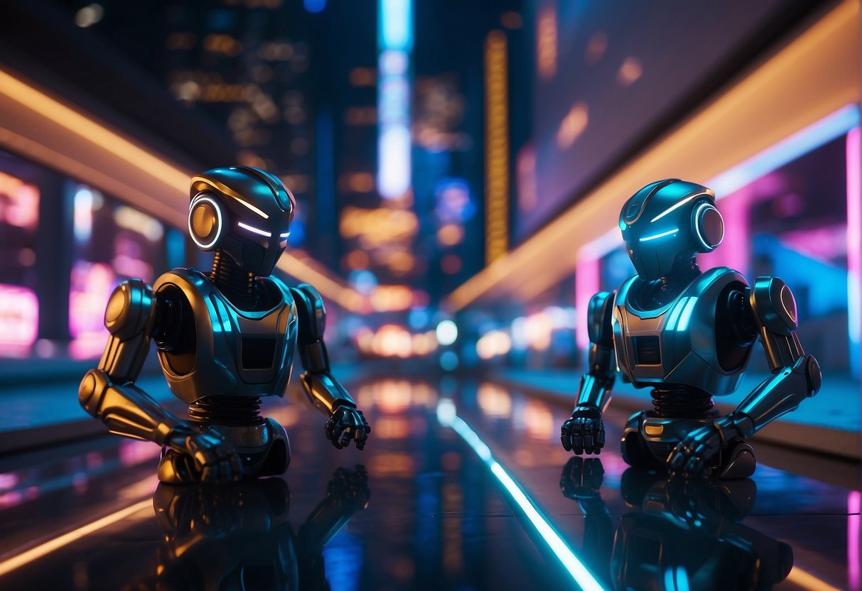 Two futuristic robots, echo 9010 and 8010, face off in a high-tech arena, surrounded by glowing neon lights and futuristic architecture