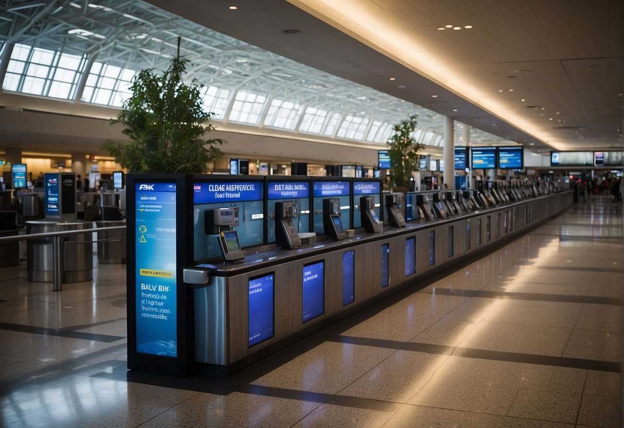 A bustling airport terminal with Delta Air Lines contact information prominently displayed on digital screens and kiosks. Travelers easily access phone numbers and email addresses for customer service and support