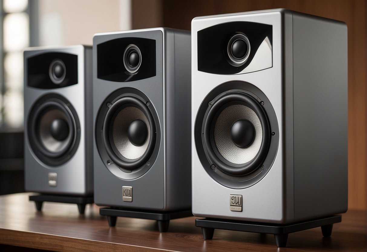 Two speakers, 9010 and 8010, stand side by side. 9010 is larger with a sleek, modern design, while 8010 is smaller and more compact. Both exude a sense of high-quality craftsmanship