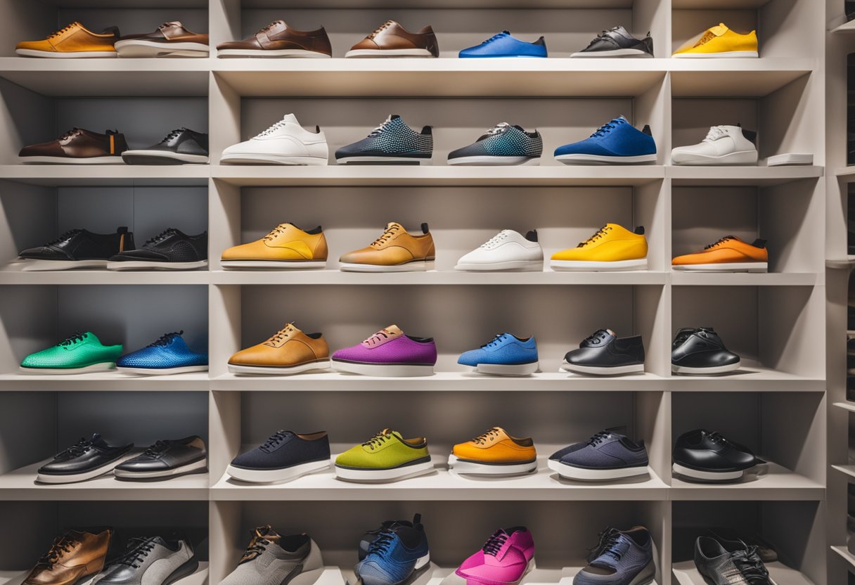 A colorful display of 4E shoes arranged neatly on shelves with price tags, surrounded by bright lights and a welcoming storefront