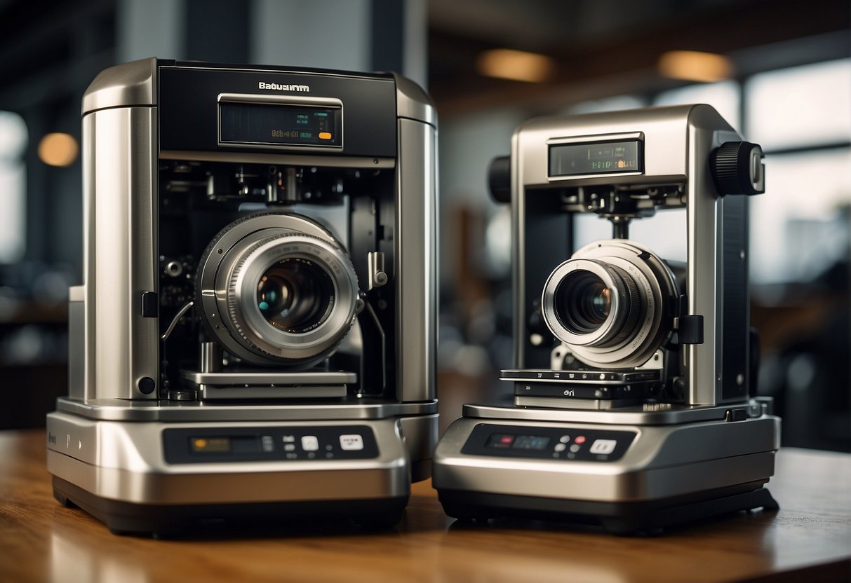 The two machines stand side by side, their sleek metallic frames reflecting the light. The 9010 looms larger, with a commanding presence, while the 8010 appears more compact and agile