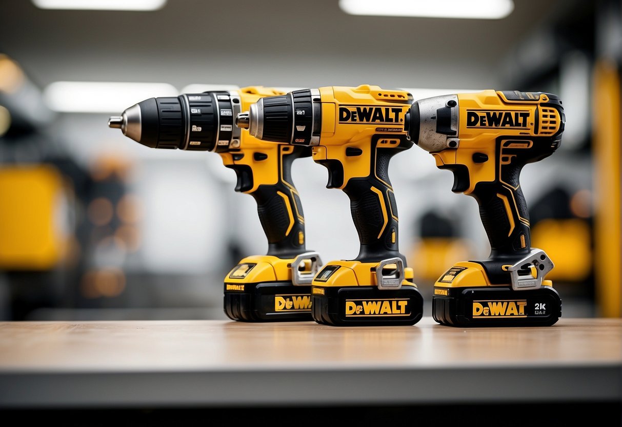 Two cordless drills side by side, one labeled "Dewalt 18V" and the other "Dewalt 20V", with their respective batteries attached