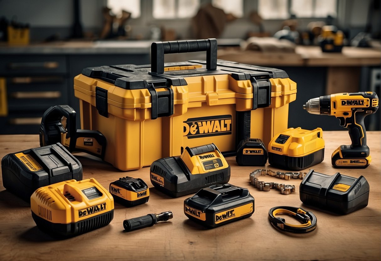 A toolbox with Dewalt 18V and 20V batteries, surrounded by various power tools and accessories