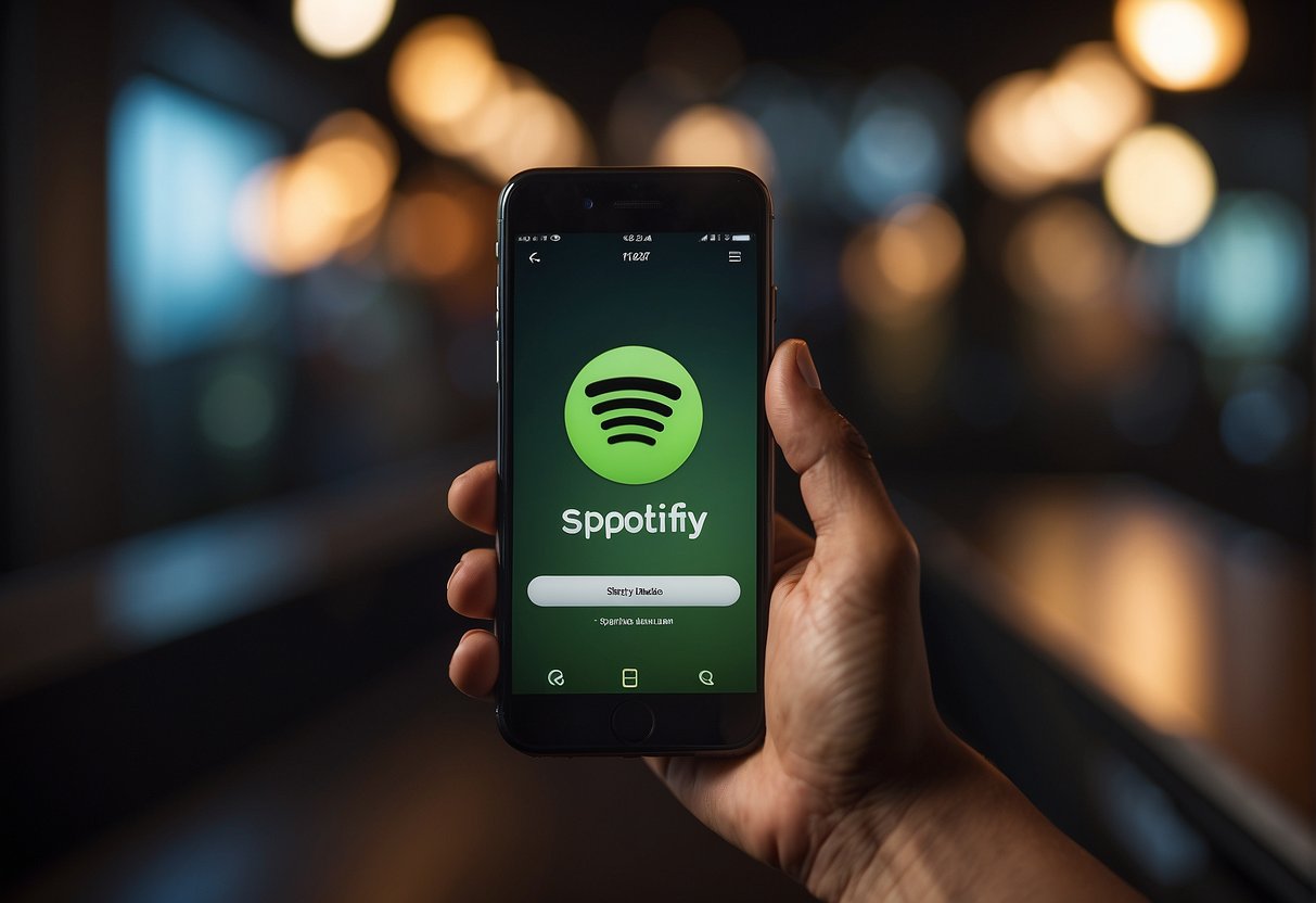 A hand holding a smartphone with the Spotify app open, tapping the "Create Account" button. A music note icon hovers above, symbolizing the user's favorite music