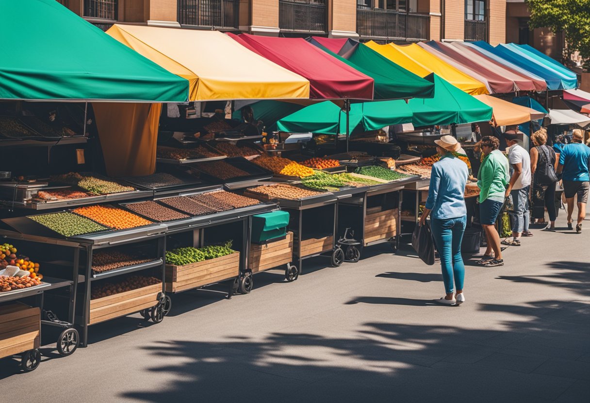 A colorful outdoor market with various vendors selling Z Grills. The sun is shining, and people are browsing the different options