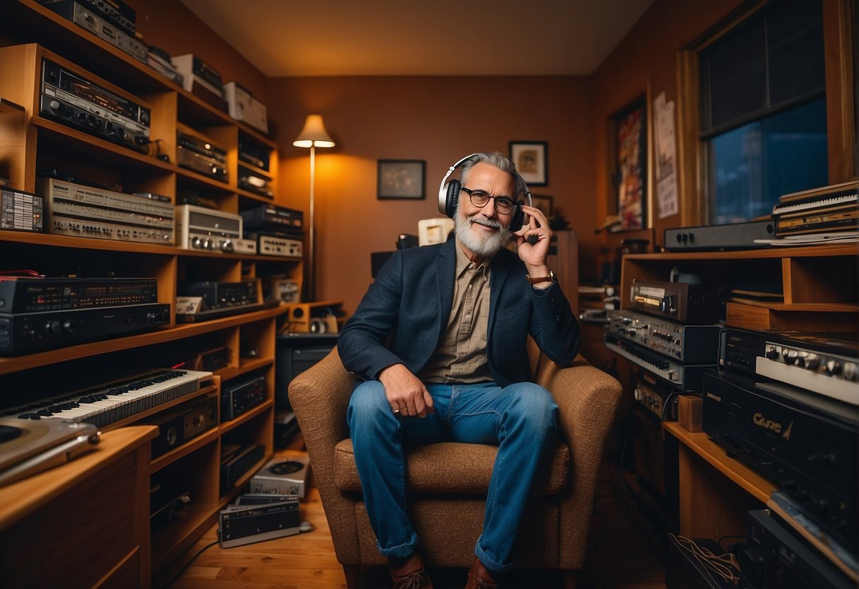 A person's favorite music guru surrounded by their collection of records and musical instruments, with a cozy chair and headphones for an immersive listening experience