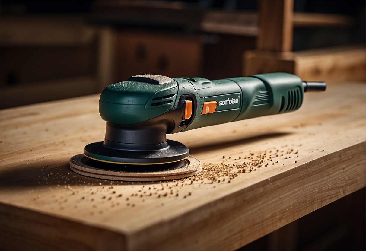 An orbital sander spins while sanding a wooden surface. Sawdust flies as the sander smooths the rough texture