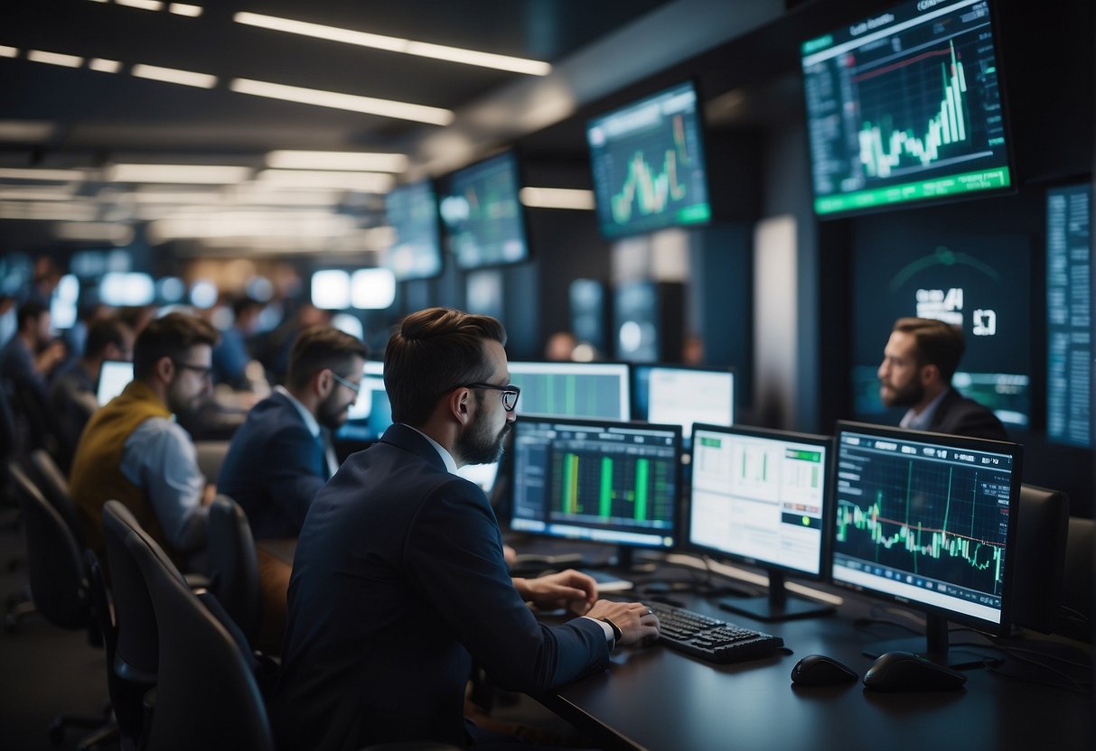 A bustling crypto exchange floor with traders analyzing charts and executing trades, while digital currencies fluctuate on screens in the background