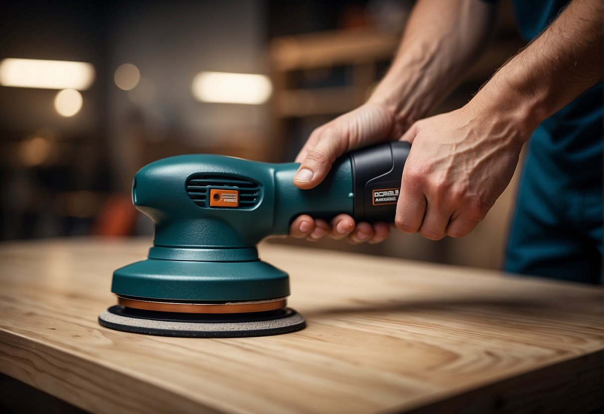 A hand holds an orbital sander next to various applications and materials