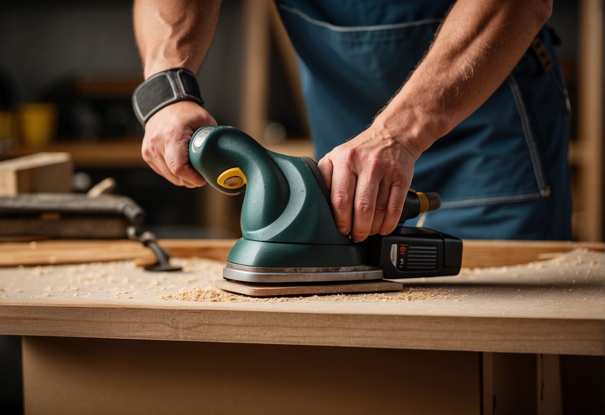 A hand reaches for a belt sander and orbital sander, comparing their size and grip. Sandpaper and wood shavings scatter on the workbench