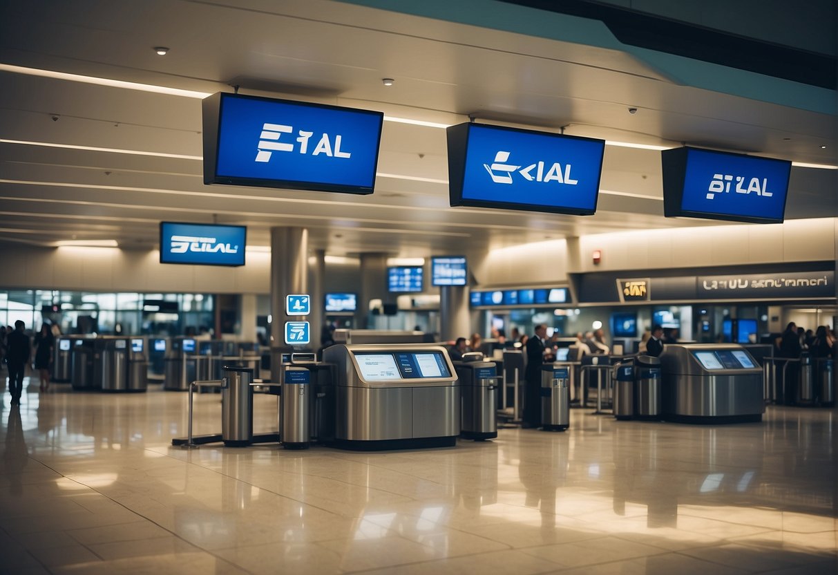 A bright, modern airport terminal with EL AL signage and a customer service desk. Busy travelers and flight information displays in the background