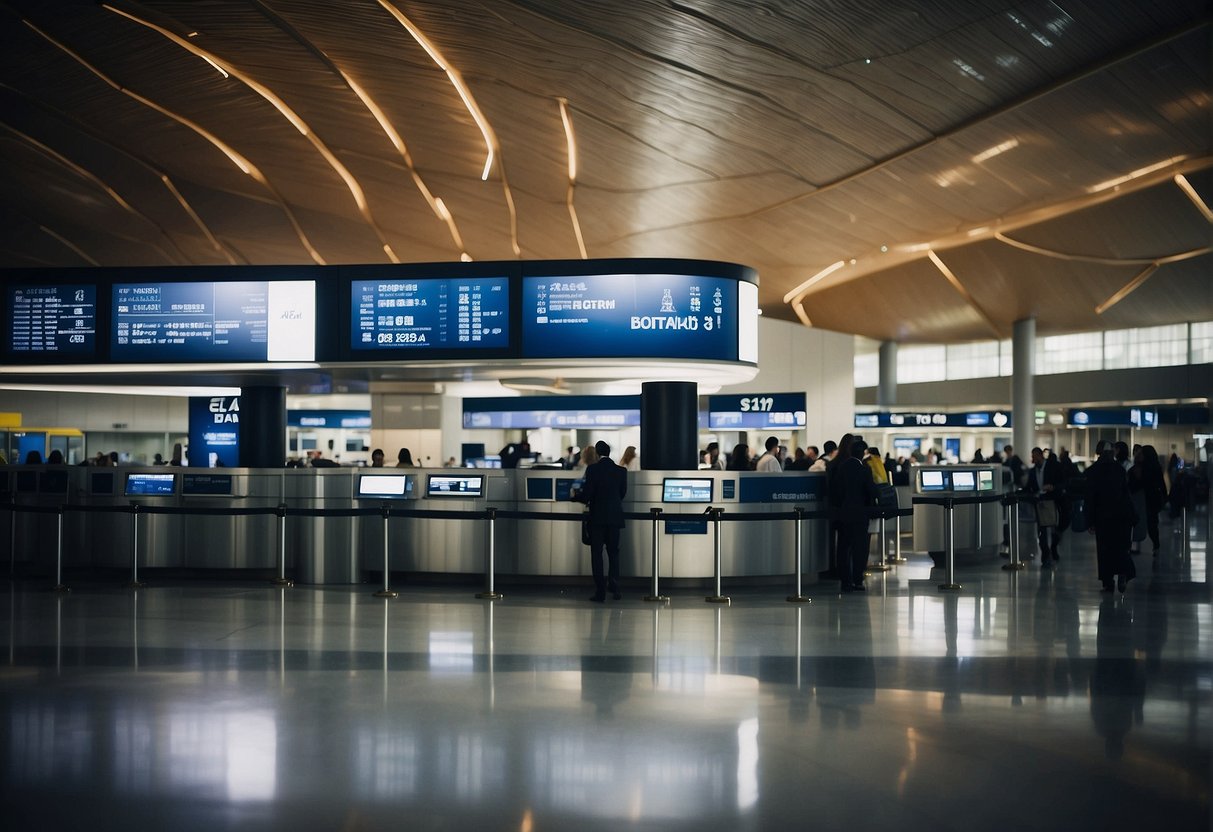 A bustling airport terminal with visible contact information kiosks and signage for EL AL airlines. People are seen accessing the information