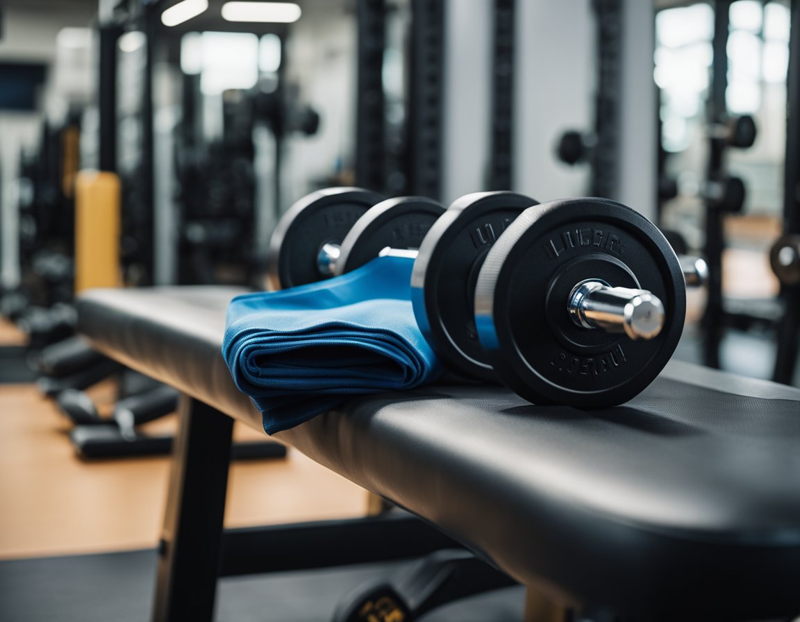 A compression shirt stretches over a weight bench, while dumbbells sit nearby. A sense of strength and power emanates from the scene
