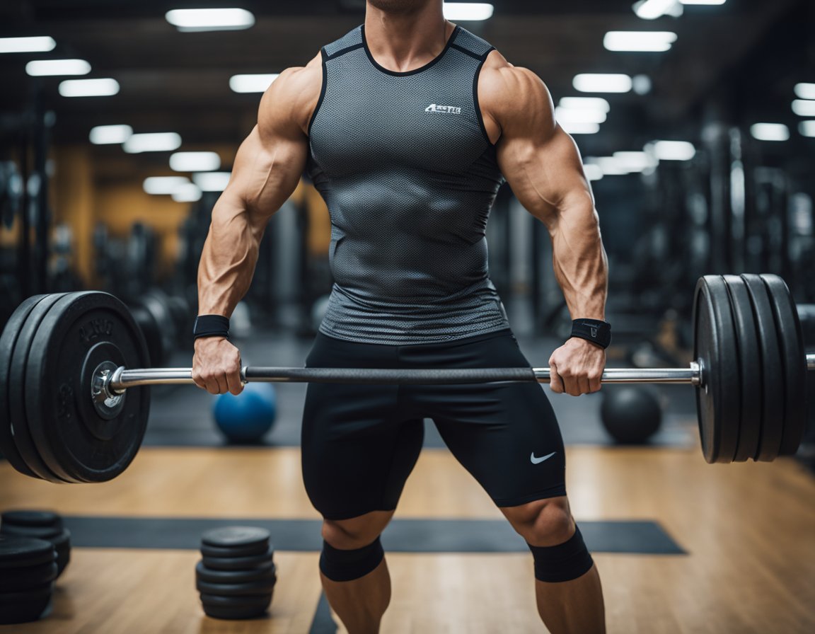 A compression shirt is surrounded by weightlifting equipment, with a barbell and dumbbells in the background. The shirt is shown in a dynamic, powerful stance to convey strength and athleticism