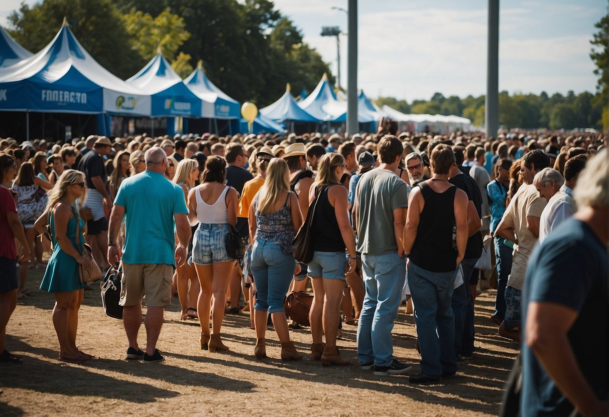Crowds gather at the entrance of a country music festival in Virginia Beach, holding tickets and waiting for admission