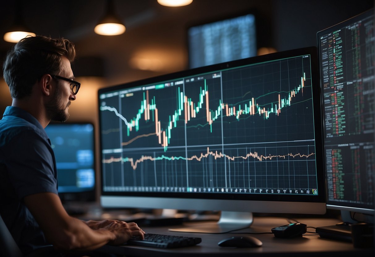A computer screen displays fluctuating cryptocurrency charts and graphs, while a person analyzes market trends and investment opportunities
