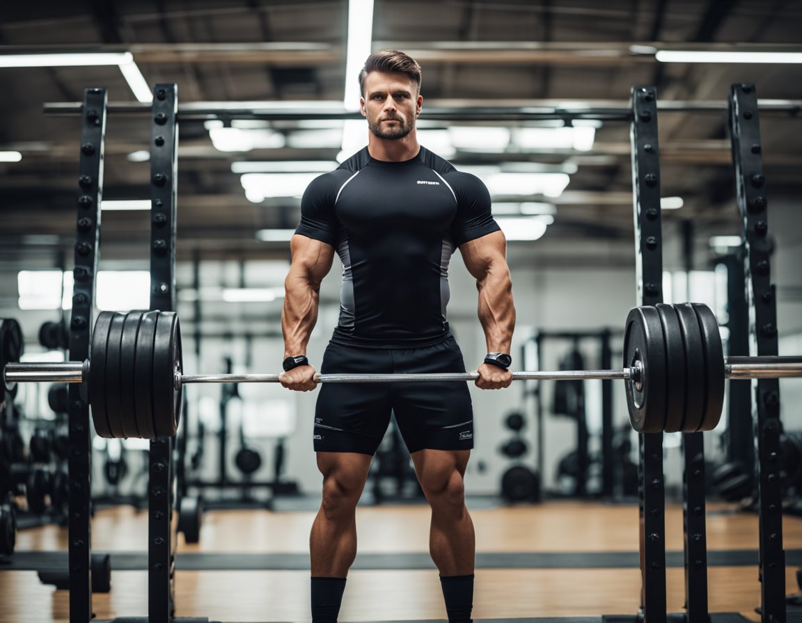 A compression shirt flexes against a barbell, while a fact and a myth stand back-to-back, personified as muscular figures