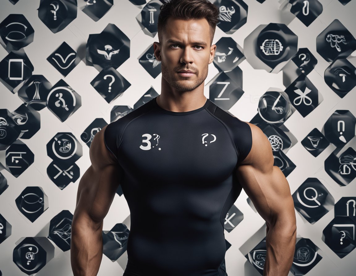 A compression shirt flexes with exaggerated muscle definition, surrounded by question marks