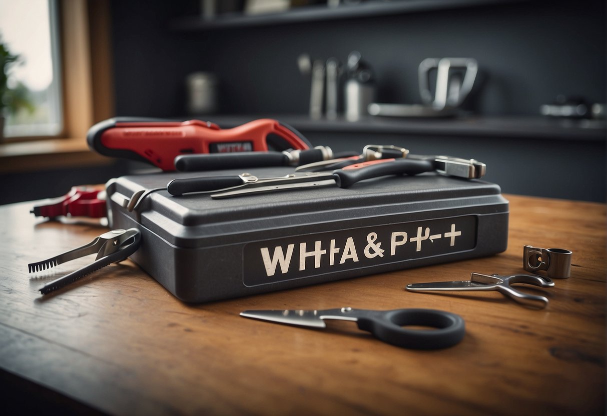 A table with two sets of hand tools, labeled "wiha" and "knipex", surrounded by question marks and a "Frequently Asked Questions" sign