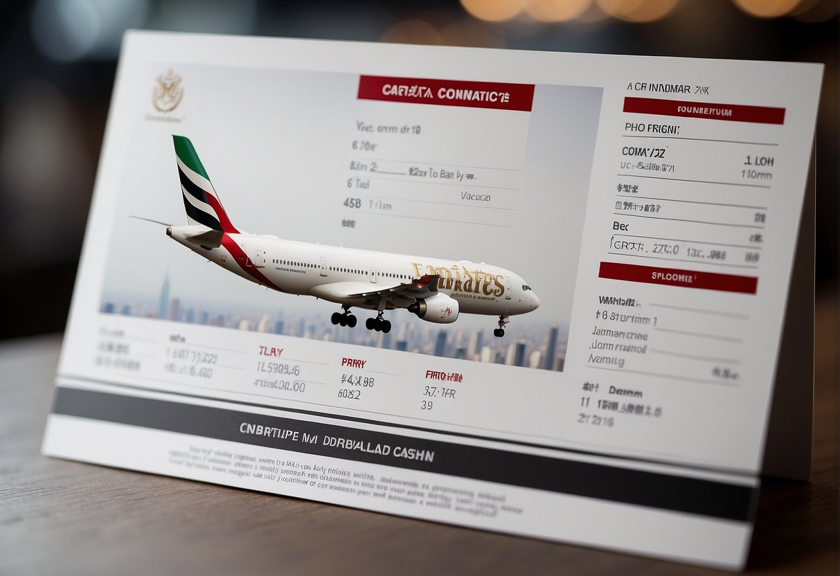 An airline contact information card with the Emirates logo and various contact details, including phone numbers and email addresses