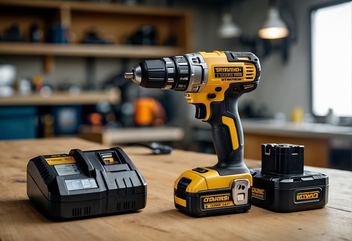 A power tool with a 20v battery sits next to a power tool with a 40v battery. The 20v tool appears smaller and less powerful compared to the larger, more robust 40v tool