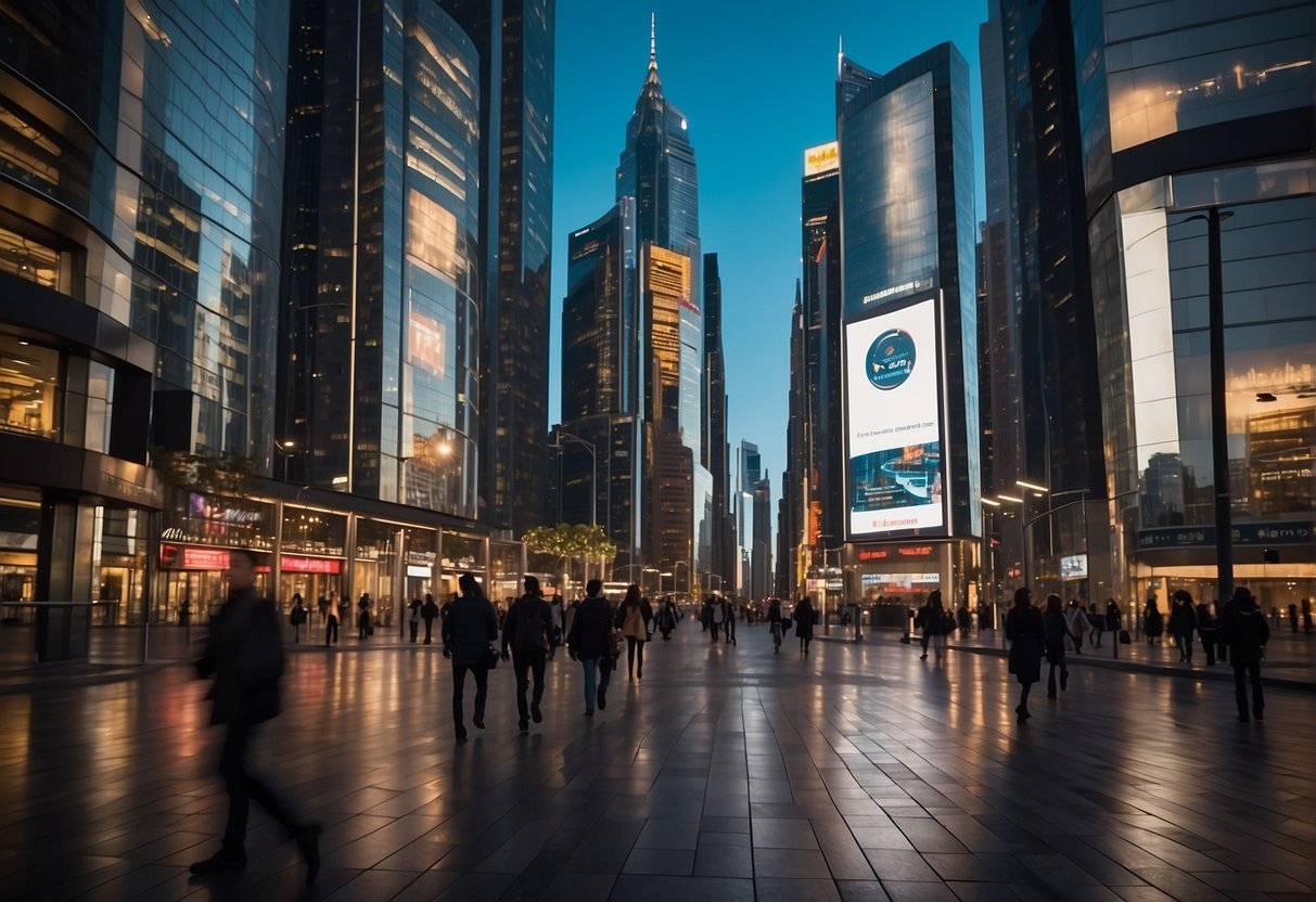 A bustling city street with visible contact information displayed on public signs, billboards, and digital screens, showcasing the importance of easy access to Emirates contact information
