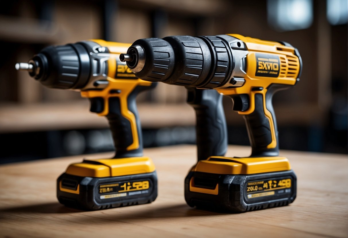 Two power tools side by side, labeled "20v" and "40v." Each tool is connected to a different type of equipment, illustrating their suitability for different applications