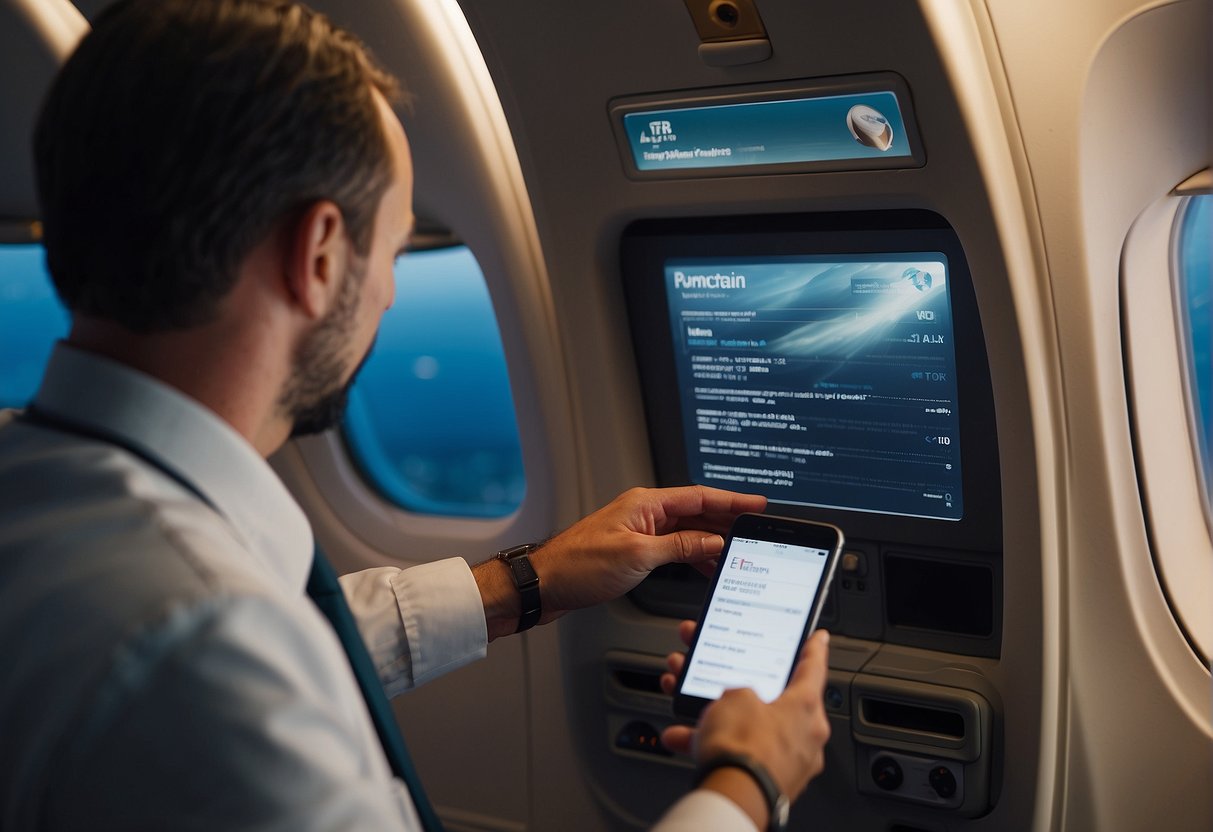 Passengers accessing Emirates contact information on digital devices in airplane cabin