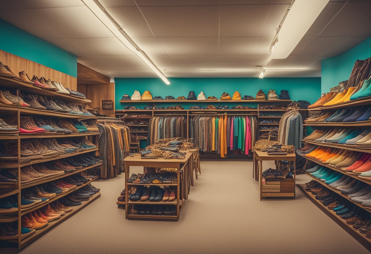 A vintage store filled with racks of 70s clothing. Brightly colored bell-bottoms, psychedelic prints, and platform shoes line the shelves, creating a nostalgic atmosphere