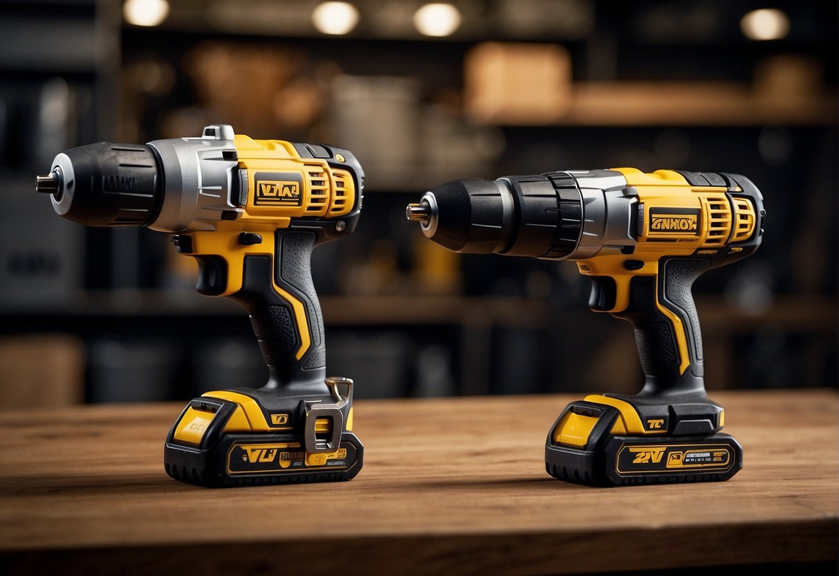 The 20v vs 40v scene shows two distinct power tools side by side, highlighting their key features and technologies. The 20v tool appears smaller and less powerful, while the 40v tool is larger and more robust