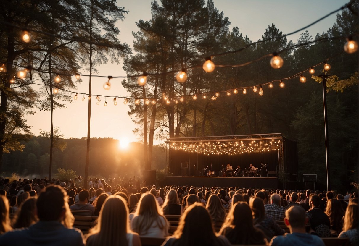 The sun sets behind a stage nestled among tall trees. String lights illuminate the outdoor space, while a gentle breeze carries the sound of live music