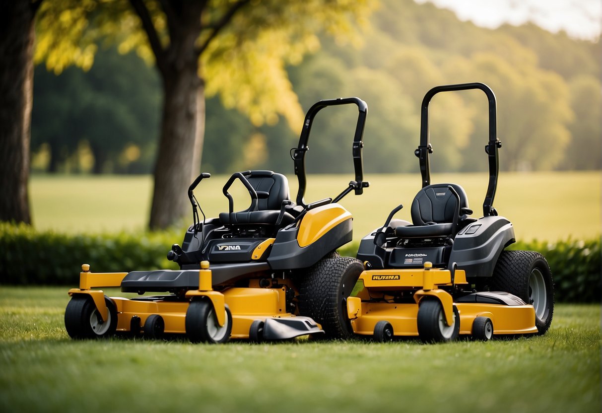 Two zero turn mowers, Cub Cadet and Husqvarna, facing each other on a grassy field. The sun is shining, and there are trees in the background