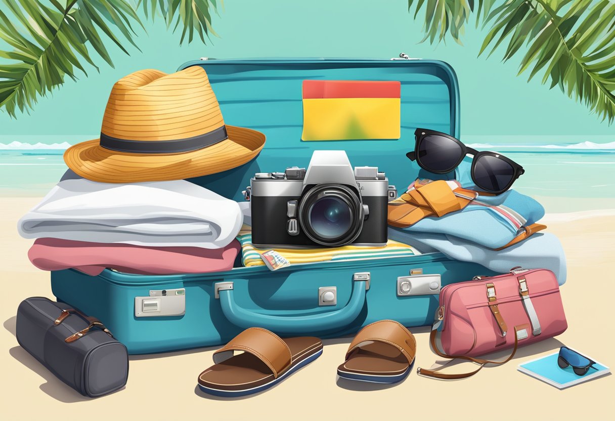 A suitcase open on a bed, filled with clothes, sandals, sunscreen, hat, sunglasses, camera, passport, and travel guide for Fiji