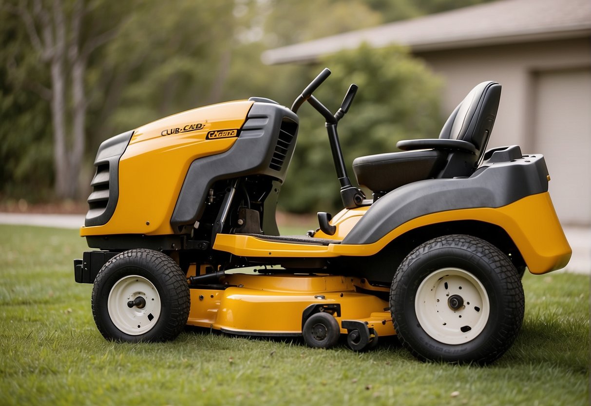 A Cub Cadet and Husqvarna zero turn mowers in a grassy yard, showing signs of wear and tear