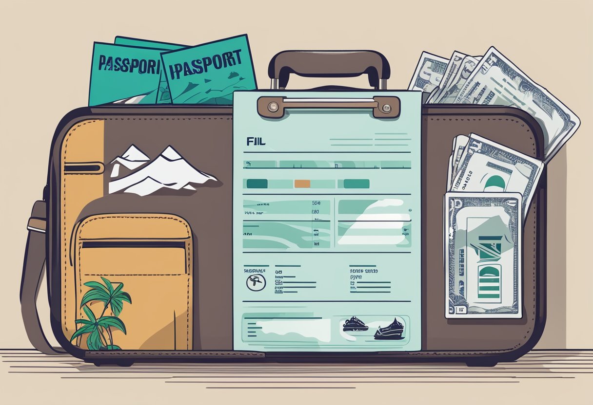 A passport, boarding pass, and currency lay on a table next to a packed suitcase and travel checklist for Fiji