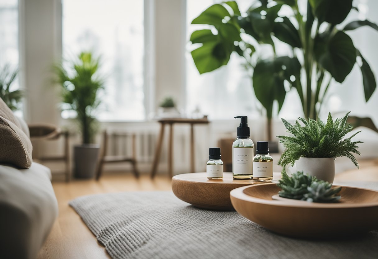 A cozy living room with natural air fresheners, such as plants and essential oil diffusers, creating a fresh and inviting atmosphere