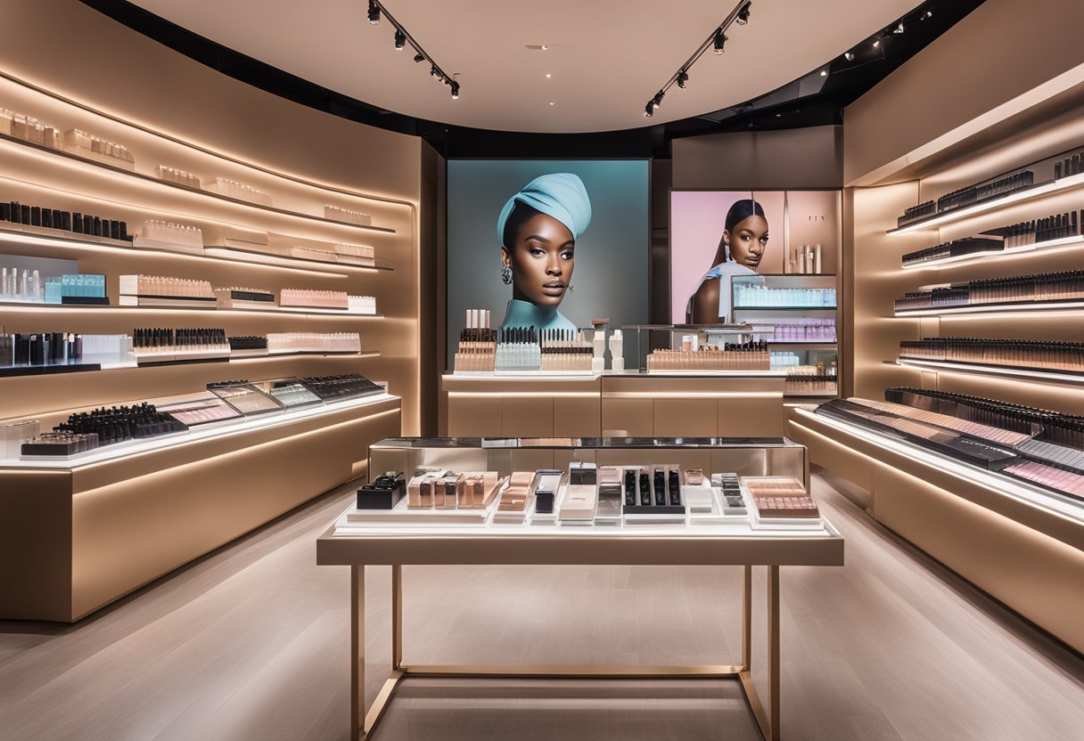 A display of Fenty Beauty products on a sleek, modern retail counter, with bold signage and elegant packaging