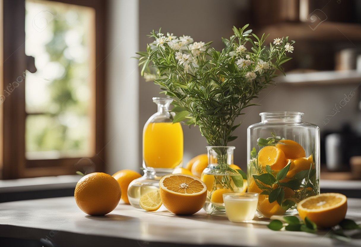 A table with natural ingredients like citrus fruits, herbs, and flowers. A diffuser releasing fragrant oils. Open windows with fresh air flowing in