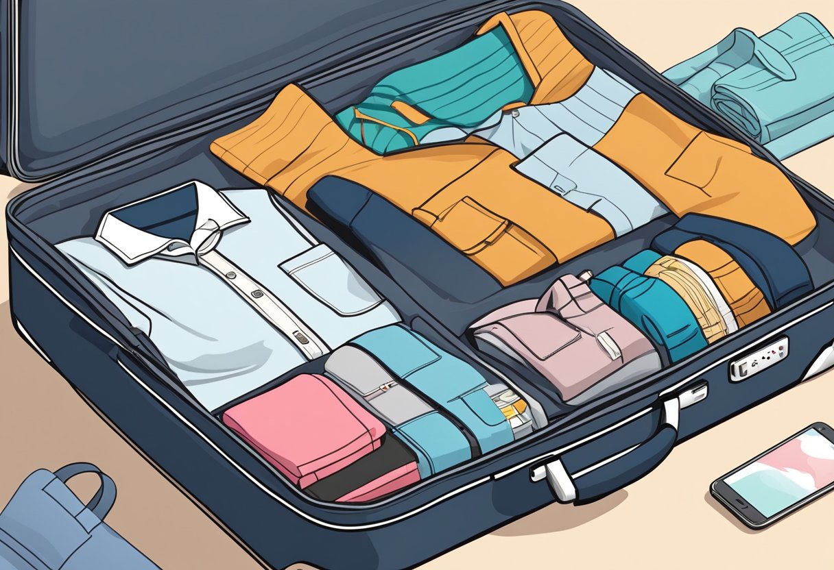 A suitcase open with neatly folded clothes, toiletries, and travel essentials laid out on a bed